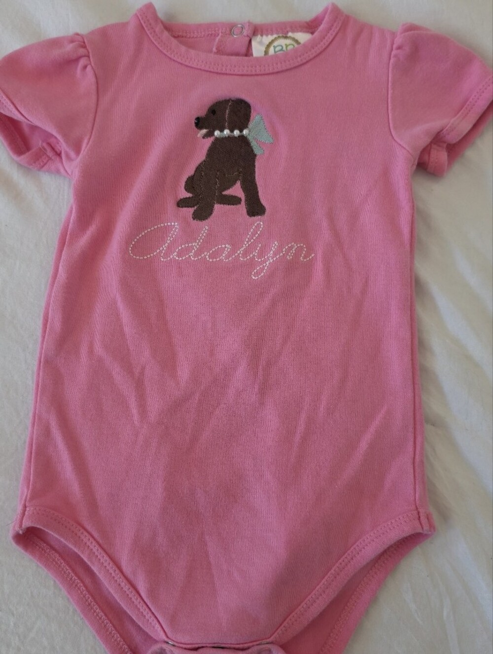 Blanke Boutique Pink Onesie W/ Chocolate Lab Puppy Monogrammed With ADALYN